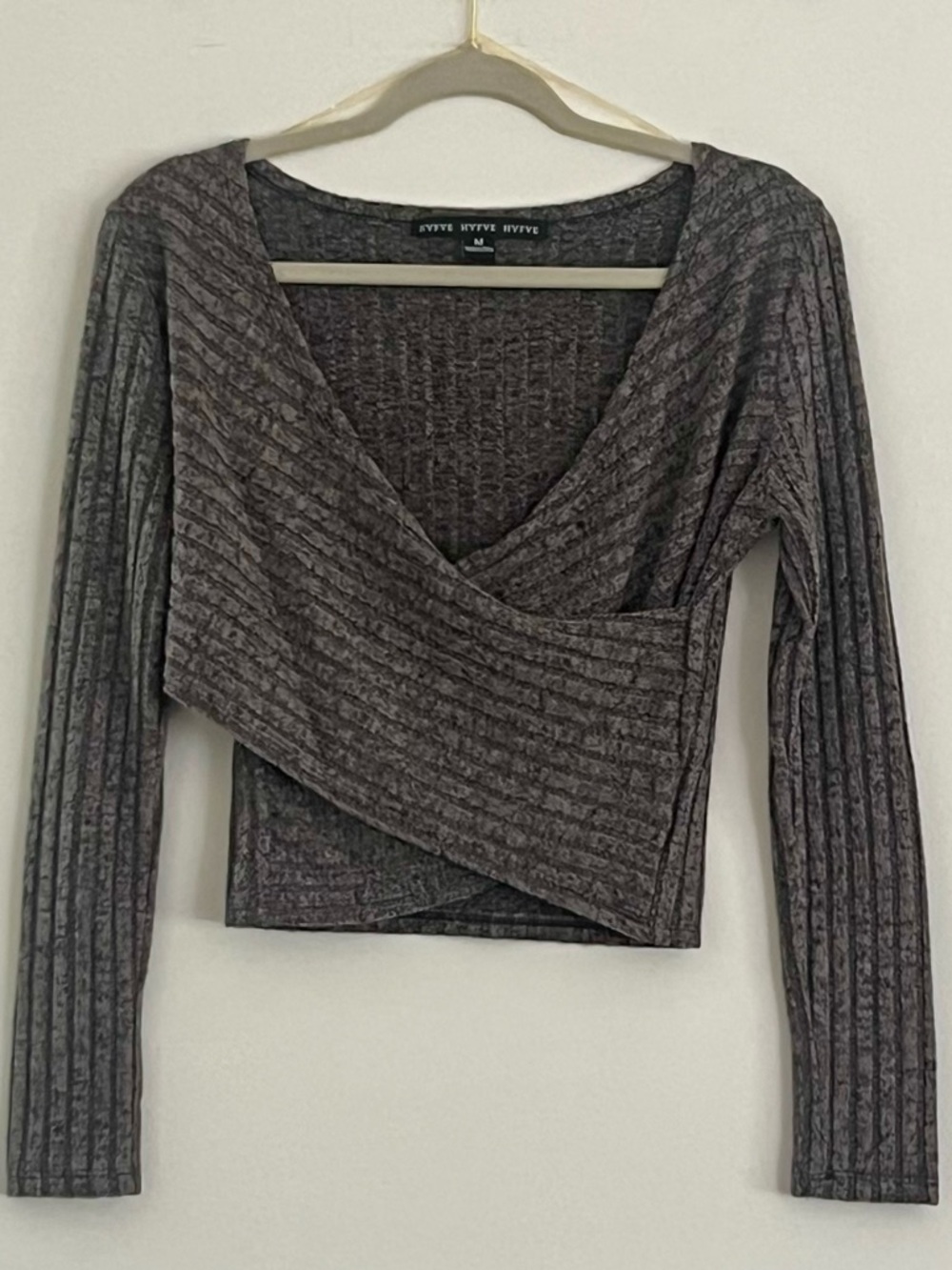 HYFVE Gray Ribbed Wrap Crop Top Long Sleeve Size M NWOT